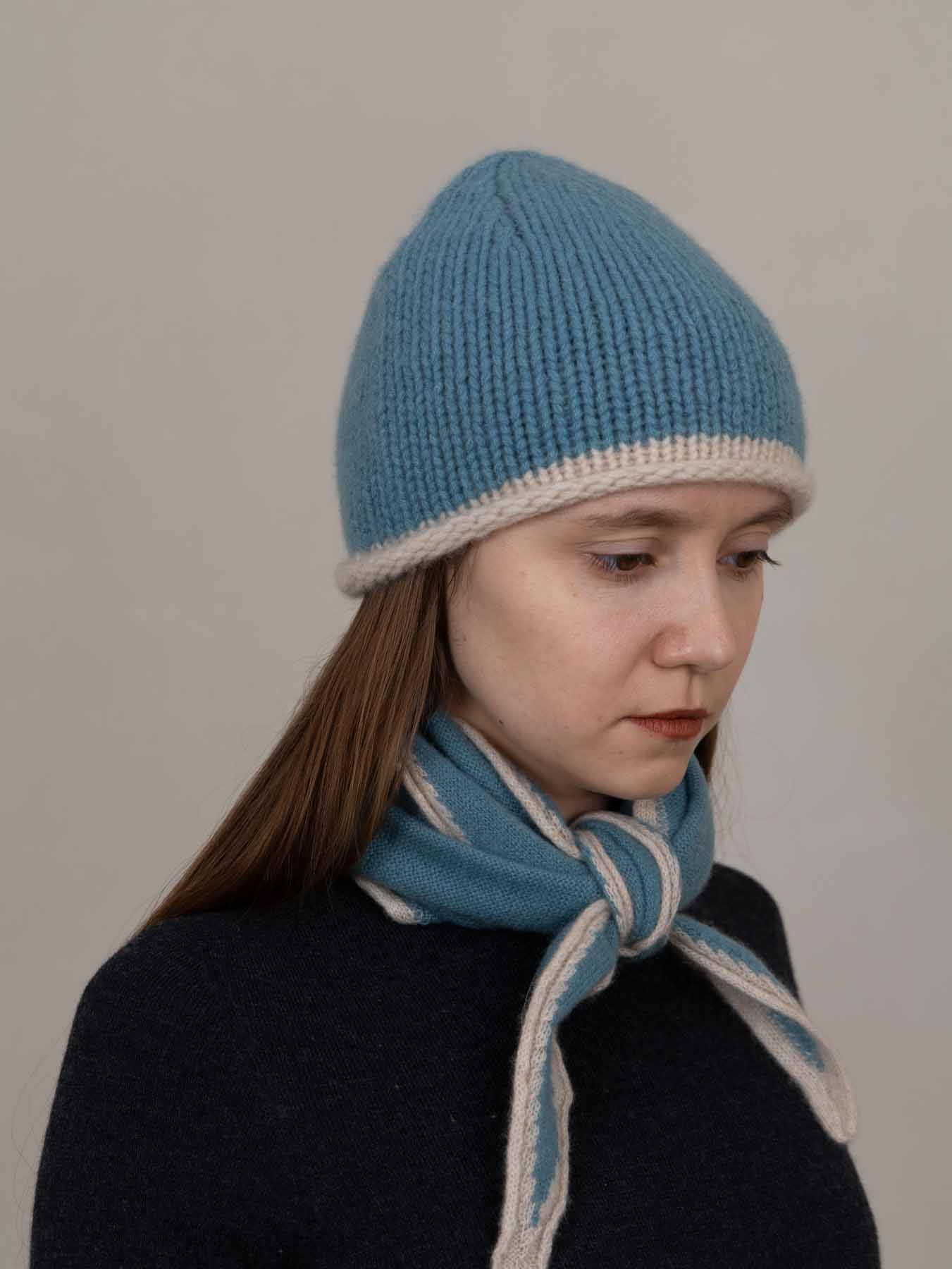 Cottage Hand-Knitted Rolled Edge Beanie Blue