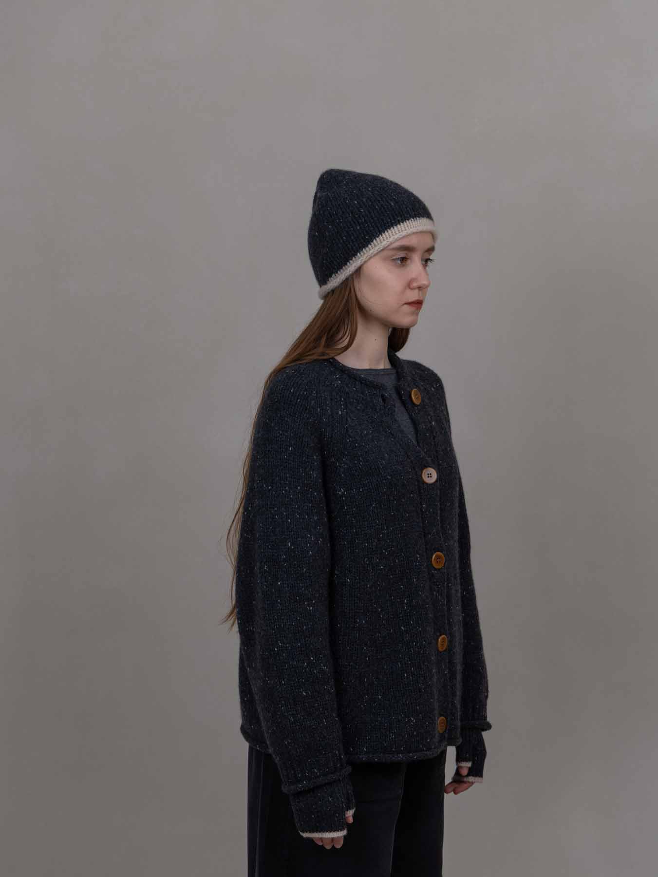 Cottage Hand-Knitted Rolled Edge Beanie Charcoal