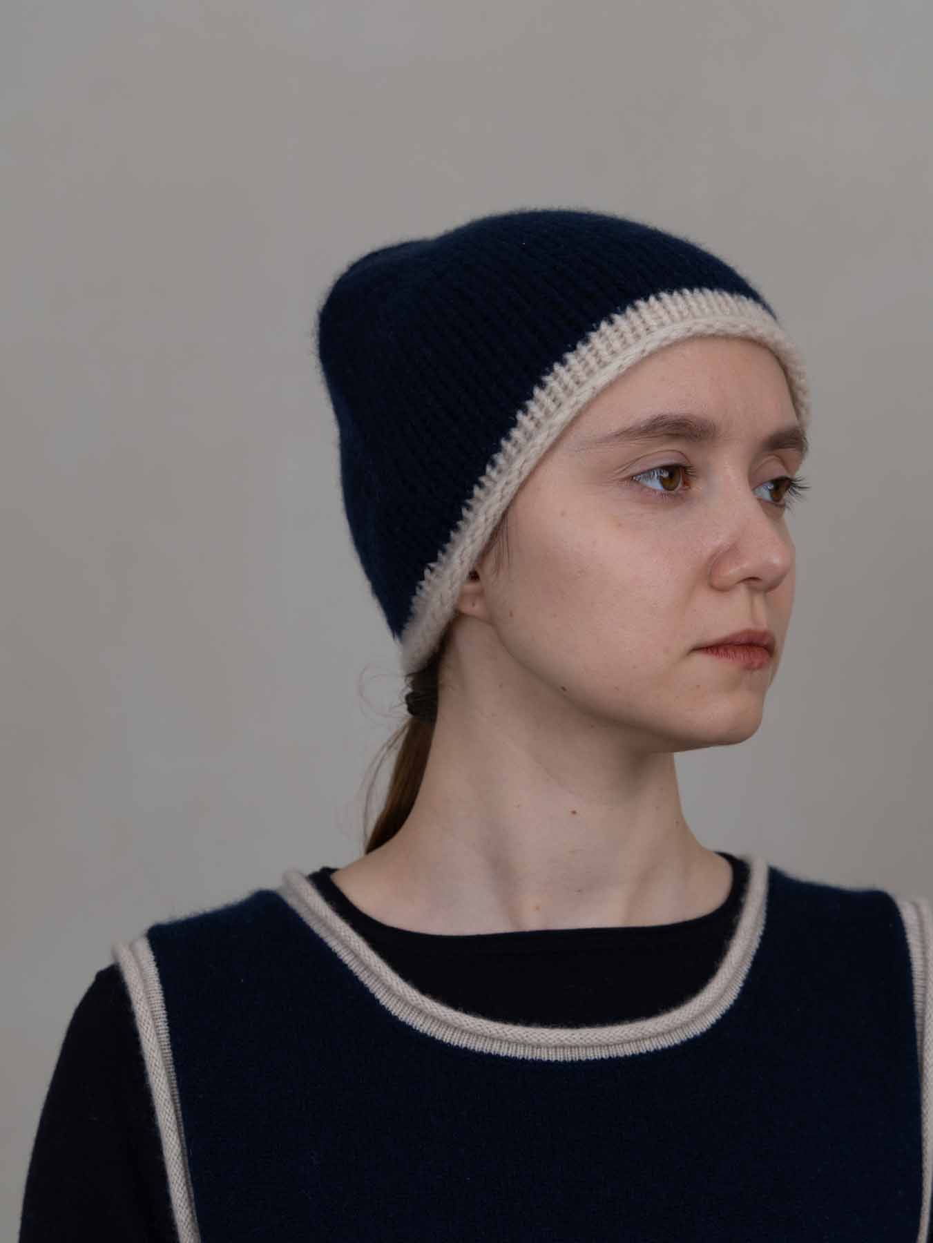 Cottage Hand-Knitted Rolled Edge Beanie Navy
