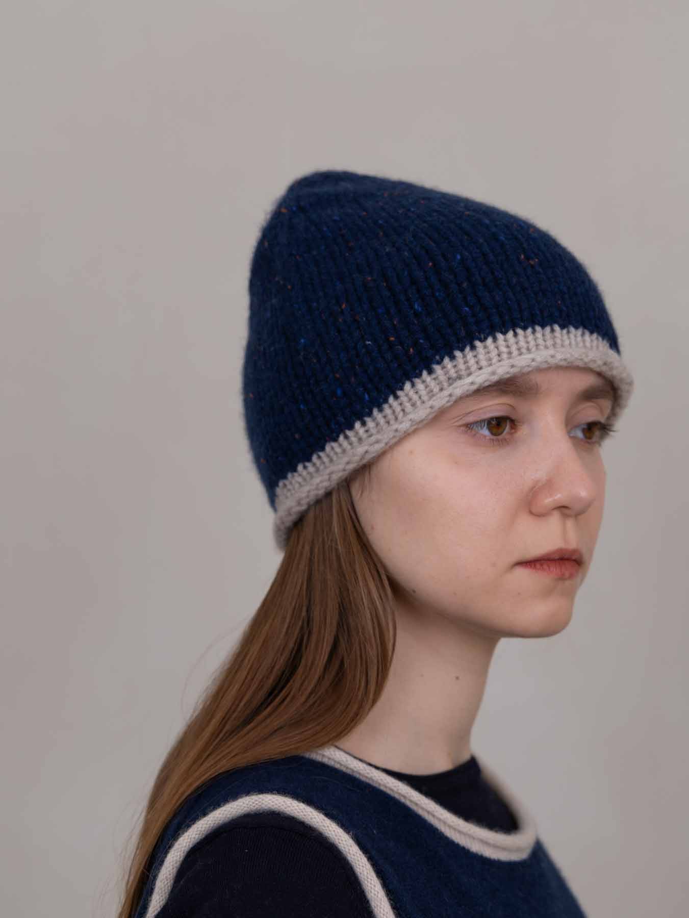 Cottage Hand-Knitted Rolled Edge Beanie Indigo