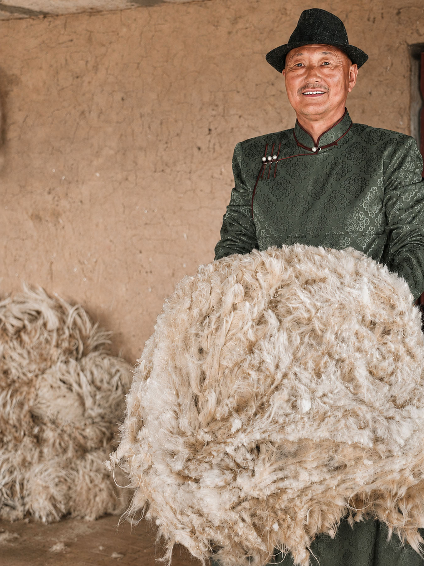 mongolia man harvesting the fiber